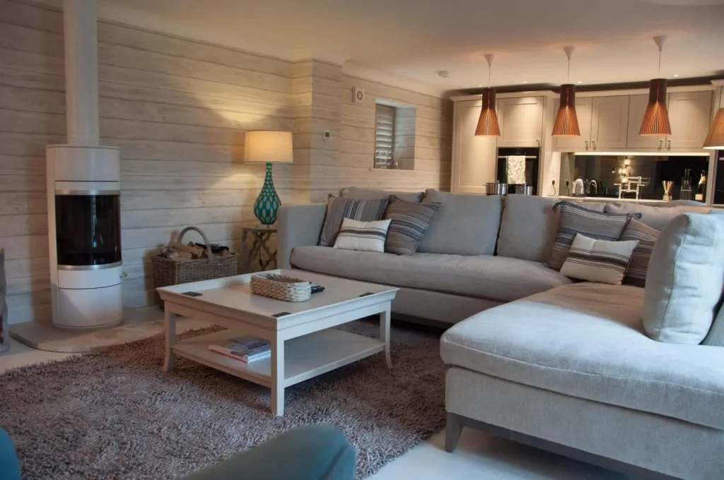 Large corner sofa with coffee table and decorative lighting, Thurlestone, Devon